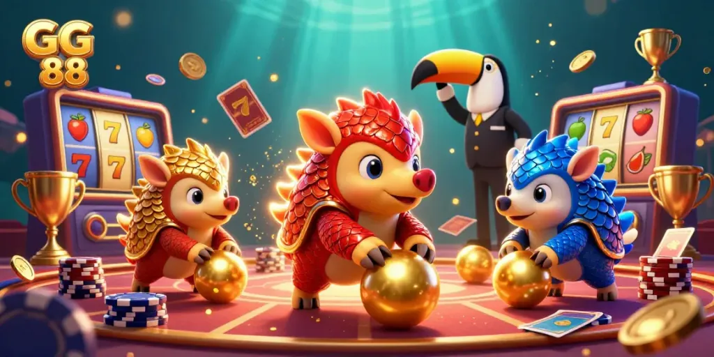 Experience thrilling gaming at GG 88 with playful pangolins bowling through poker chips in this vibrant casino scene.