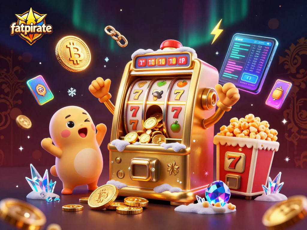 Play fatpirate with thrilling slot jackpots and glowing crypto elements in a vibrant casino scene.