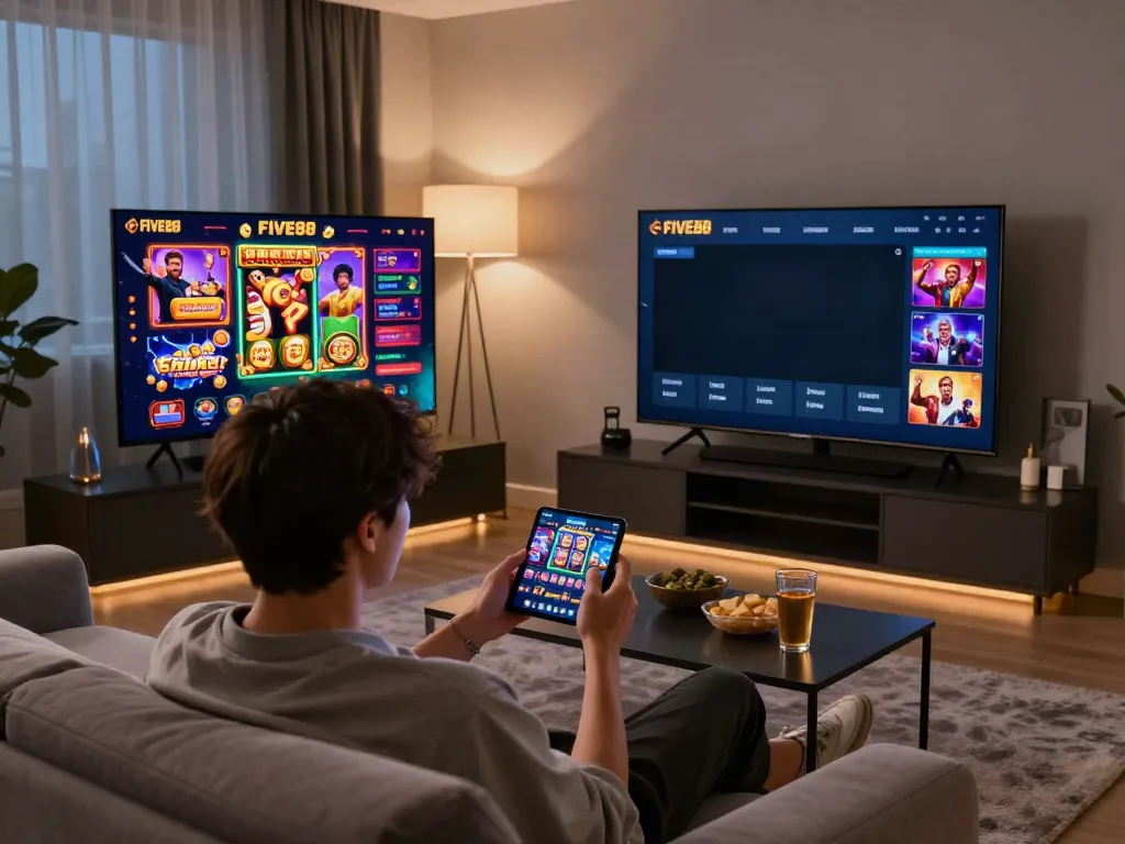 A user enjoying the FIVE88 online gaming experience in a modern living room, celebrating a win amidst vibrant graphics.