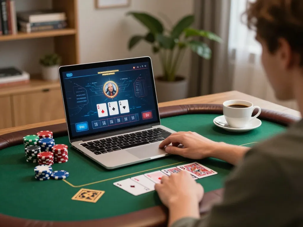SX88 player strategizing in online poker at a cozy home setup with colorful chips