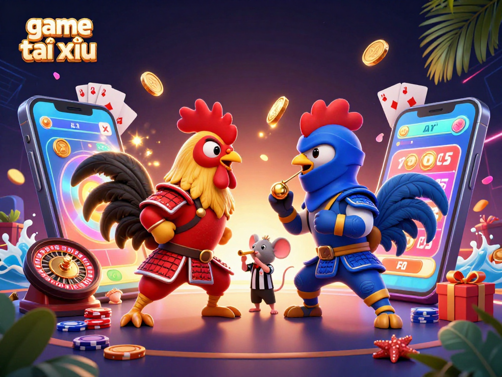 Engage in game tài xỉu with thrilling gameplay, dynamic action between fighting roosters, and casino elements.
