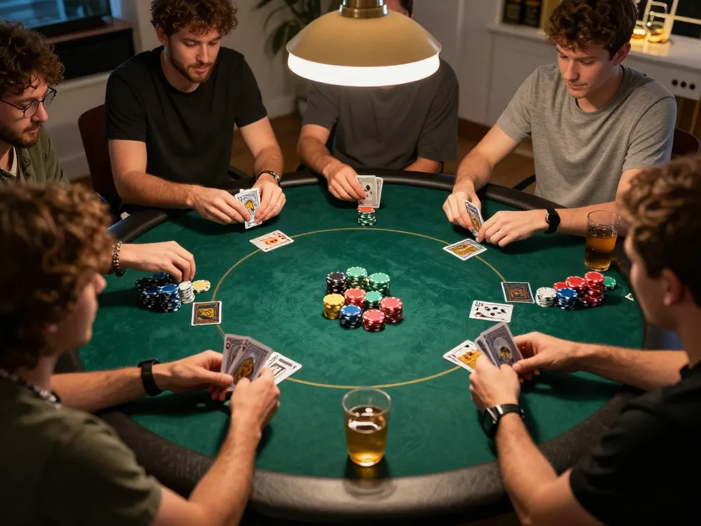 Players enjoying a Texas Hold'em game night with poker chips and cards at a table, showcasing the excitement of 9BET.