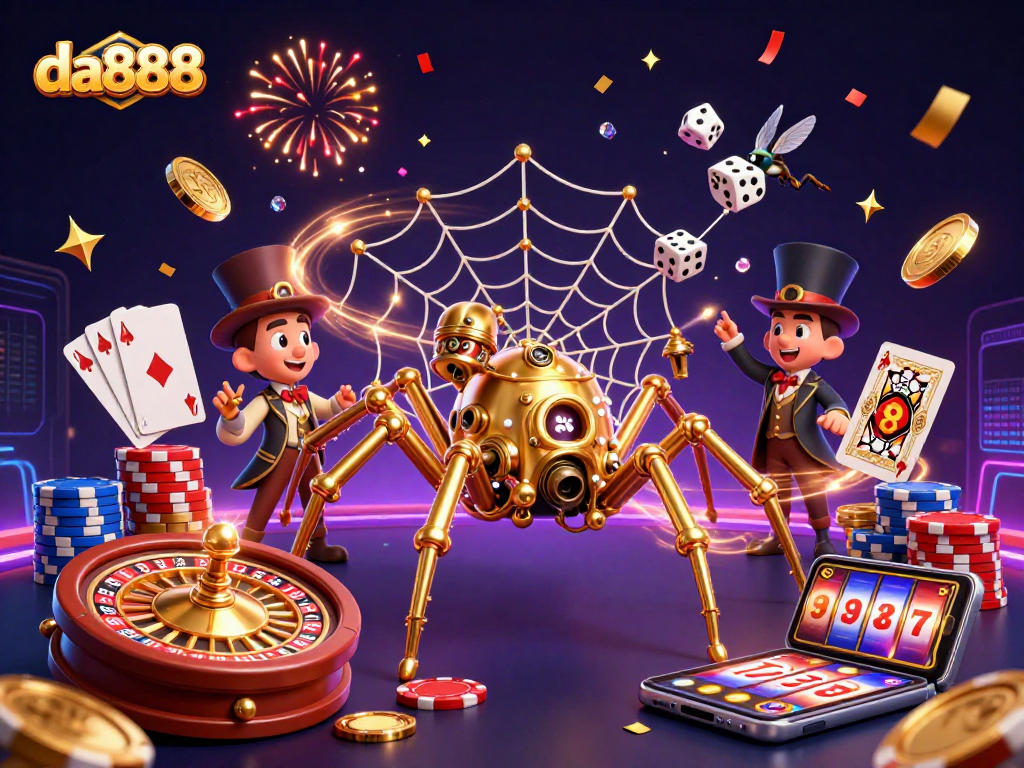 Engage with da888's vibrant casino scene featuring a steampunk spider and exciting games.