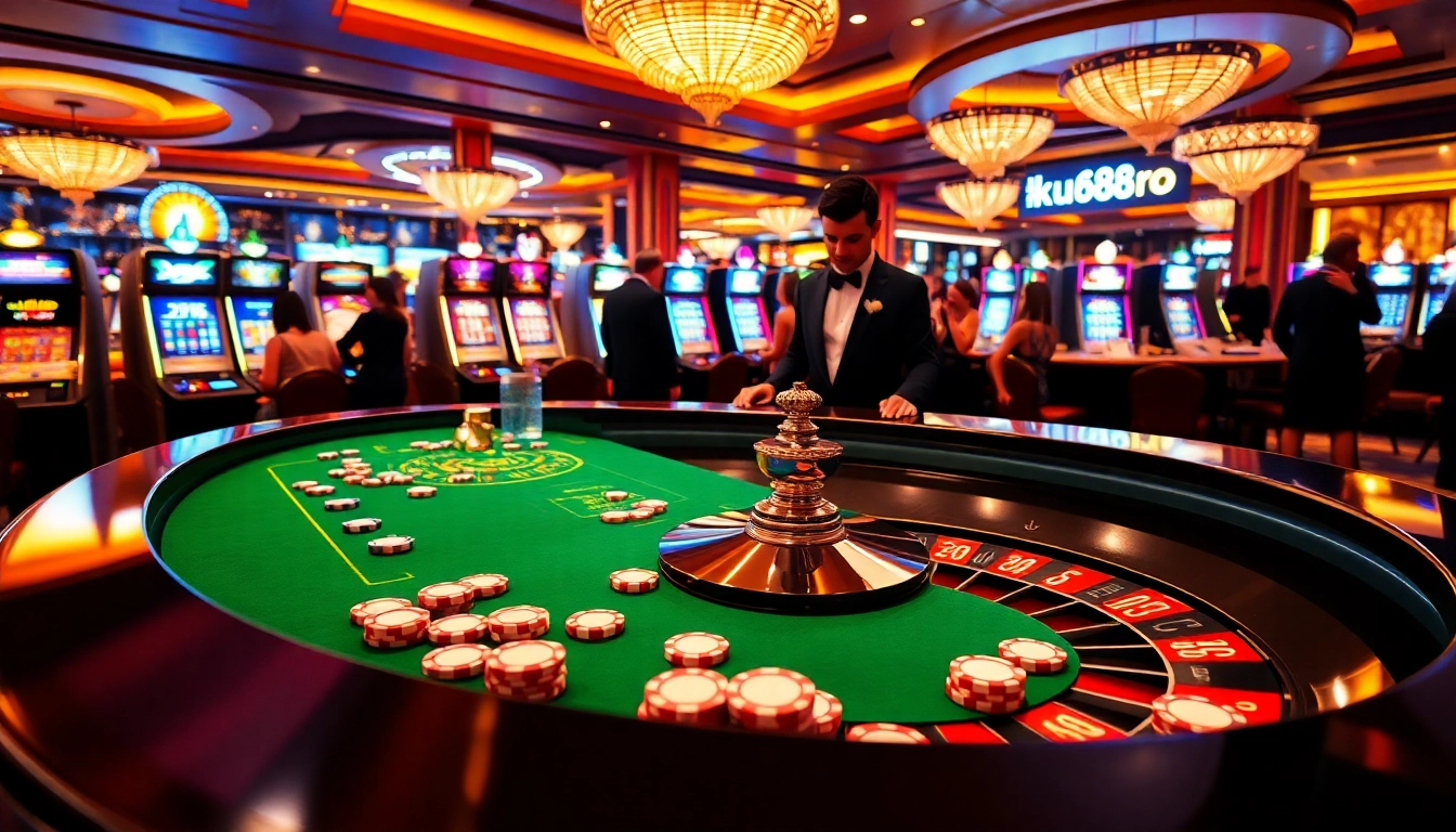 Players enjoying a thrilling game at ku88 pro casino with vibrant slot machines and a roulette table.