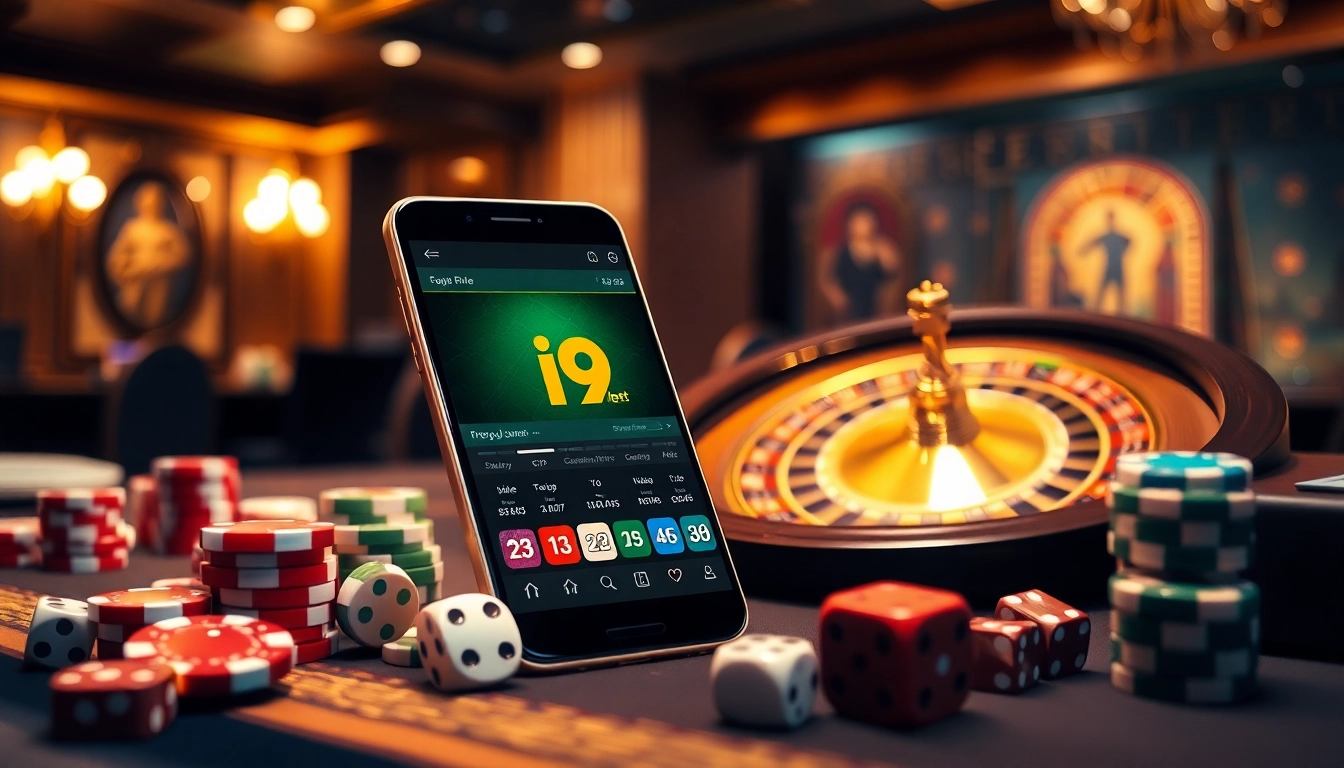 Exciting gambling scene showing a smartphone with tải i9bet app on display surrounded by casino elements.