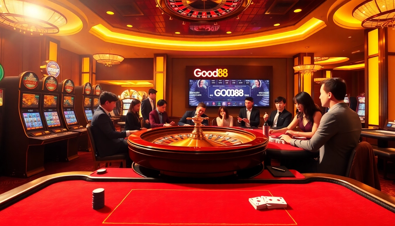 Experience the thrill of Good88 with diverse gamblers at a luxurious casino table.