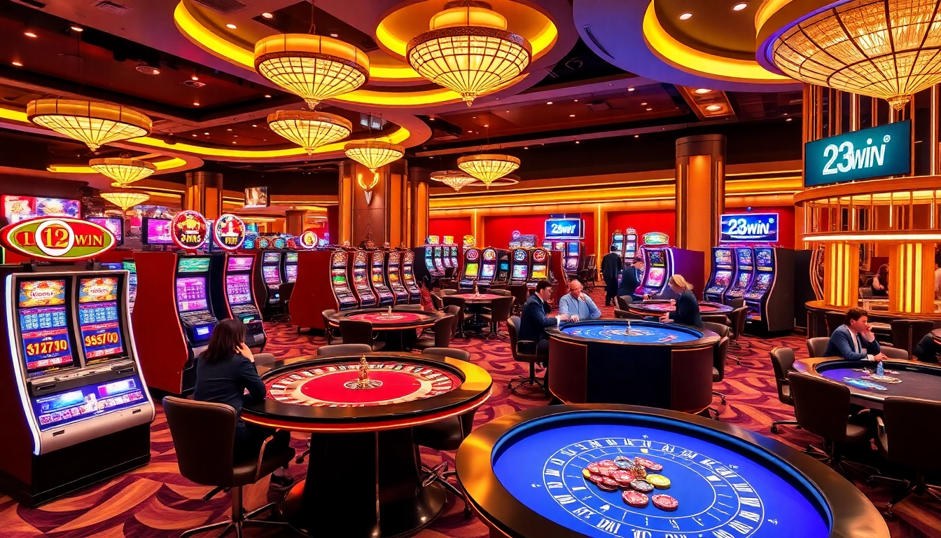 23win offers an exciting casino experience featuring vibrant slot machines and glamorous betting tables.