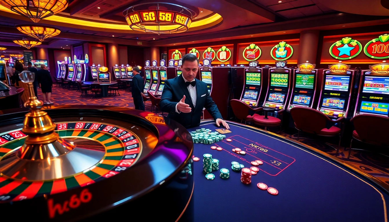 Players engaging in thrilling games at NK88 casino, showcasing roulette and slot machines.