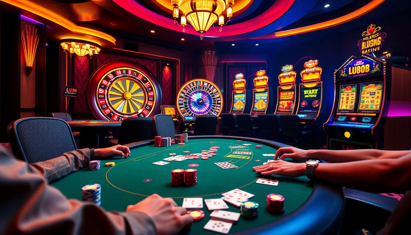 Players enjoying luxury gaming with LU 88 at an engaging poker table in a vibrant casino.