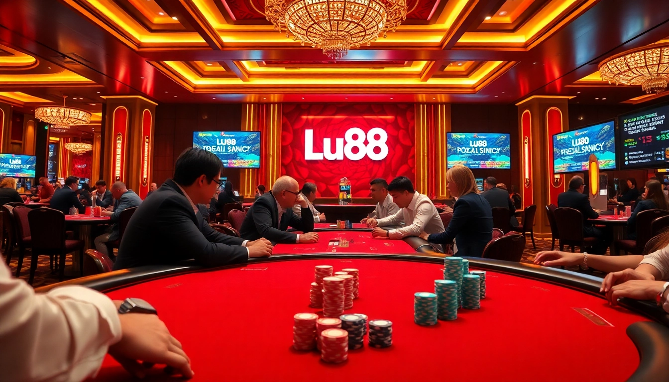 Engaging high-stakes poker game at Lu88 casino showcasing excitement and luxury.