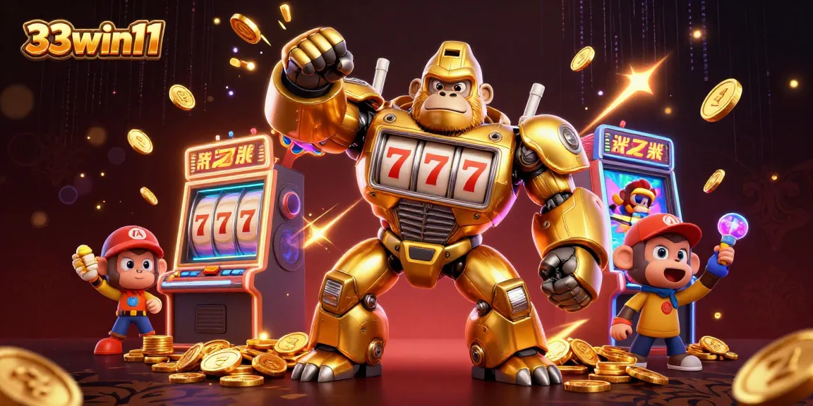 Experience the exciting world of 33win11 with a dynamic golden gorilla mech and explosive gameplay elements.