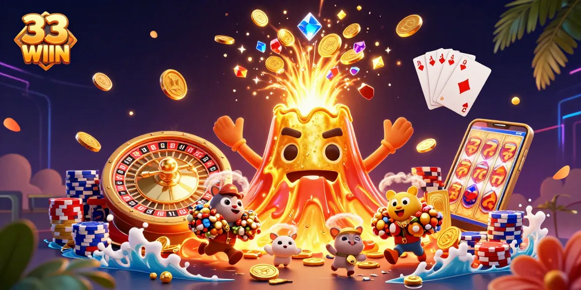 Experience thrilling wins with 33 WIIN in this vibrant casino adventure illustration!