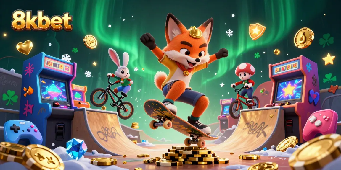 Experience thrilling 8kbet gaming adventures with a dynamic 3D illustration of a skateboarder fox and BMX rabbit.