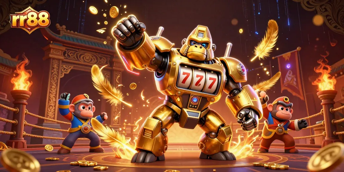 Engage with rr88's exciting slots and games in a dynamic 3D casino illustration.