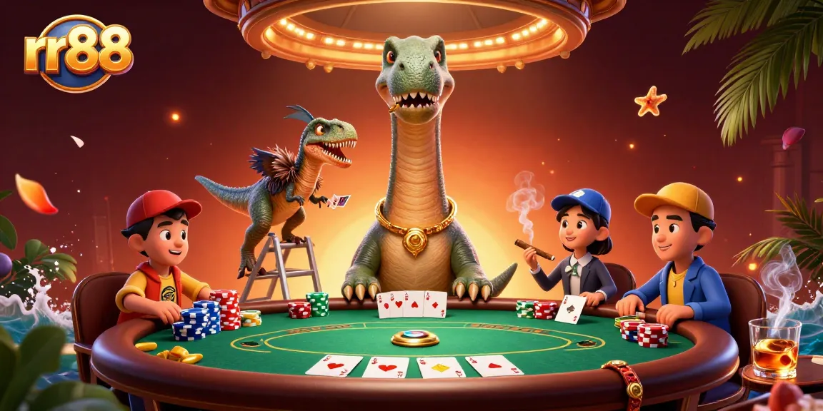 Experience thrilling gameplay at rr88 with a giant brontosaurus dealer amid vibrant casino action.