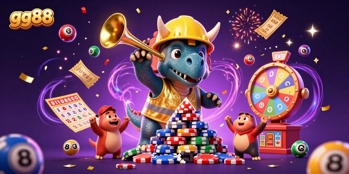 Feel the excitement at gg88 casino, featuring a vibrant illustration of cheerful characters amidst celebration, game elements, and confetti.
