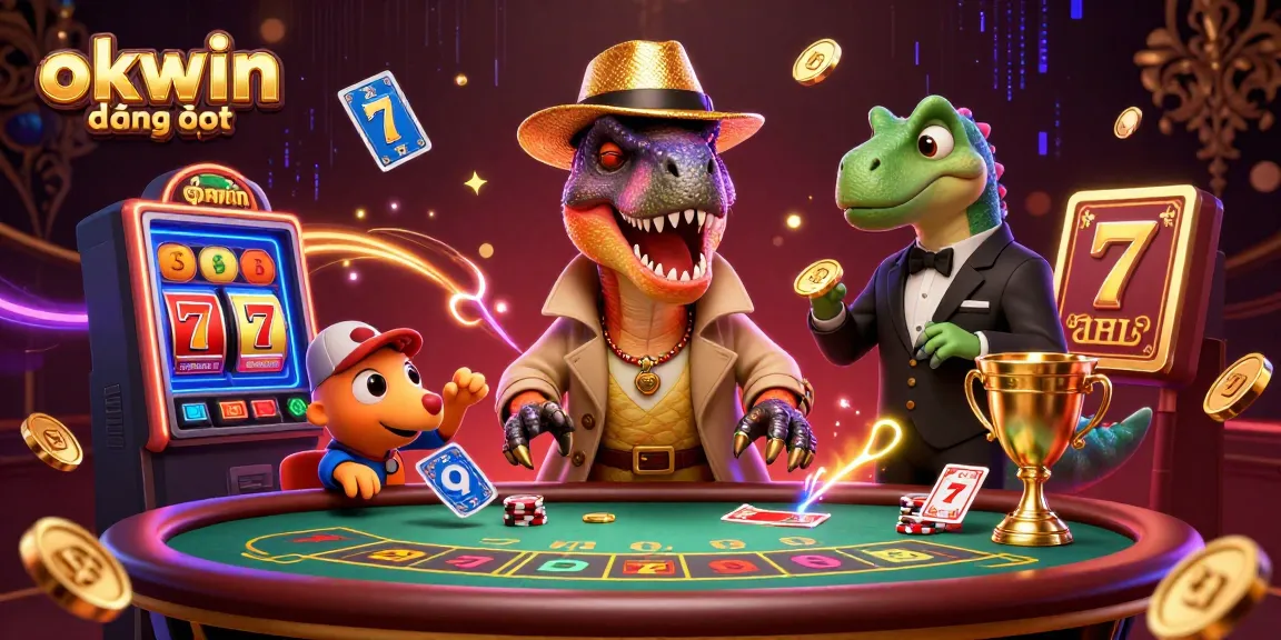 Engage in the excitement of okwin đăng nhập with a sly velociraptor card counter in a lively casino scene.