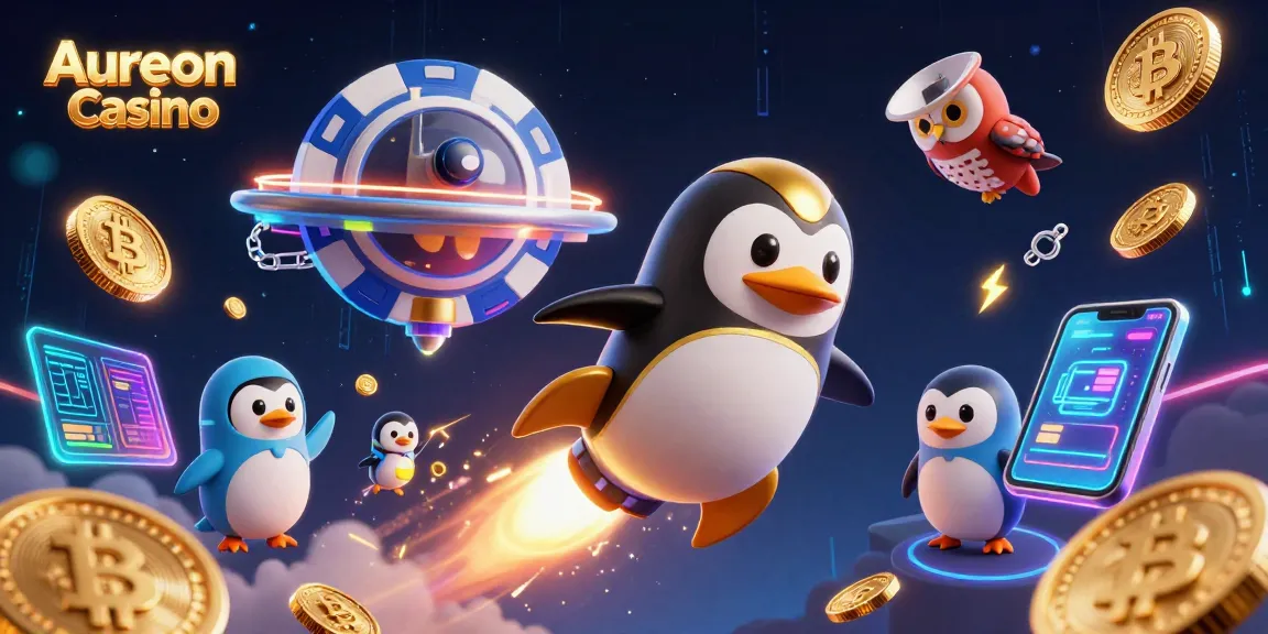 Aureon Casino showcases a lively casino scene with a rocket penguin and crypto elements in space.