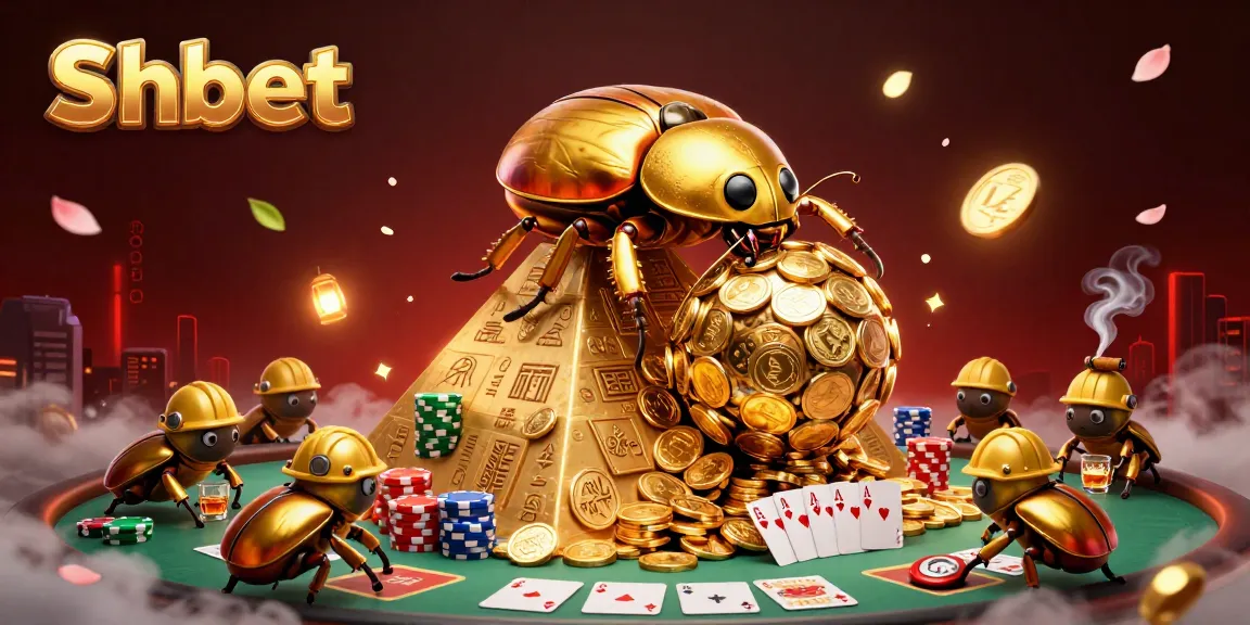 Engaging Shbet moment with a golden beetle showcasing poker, coins, and games, bringing excitement alive.