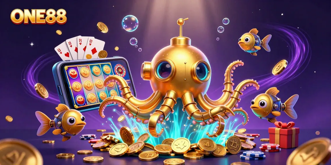 Experience the thrill of ONE88 with a vibrant 3D illustration showcasing animated casino elements and a golden kraken.