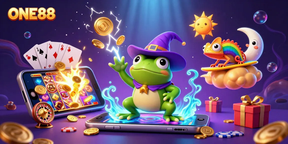 ONE88 showcases a magical scene with a weather wizard frog and chameleon amidst a coin storm!