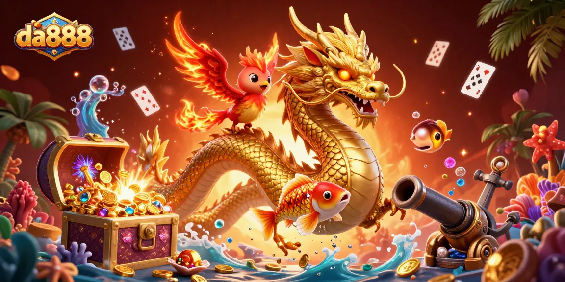 Engage in thrilling gameplay at da888 with a vibrant dragon, phoenix, and koi fish illustration.