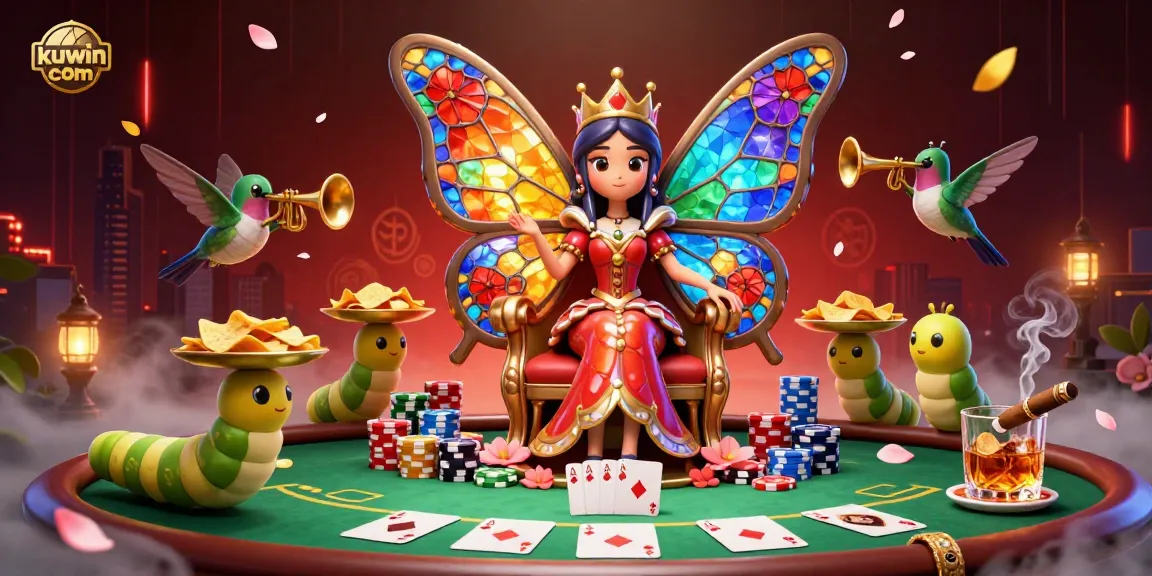 Engage with KUWIN com's vibrant casino scene featuring a butterfly queen and poker elements.