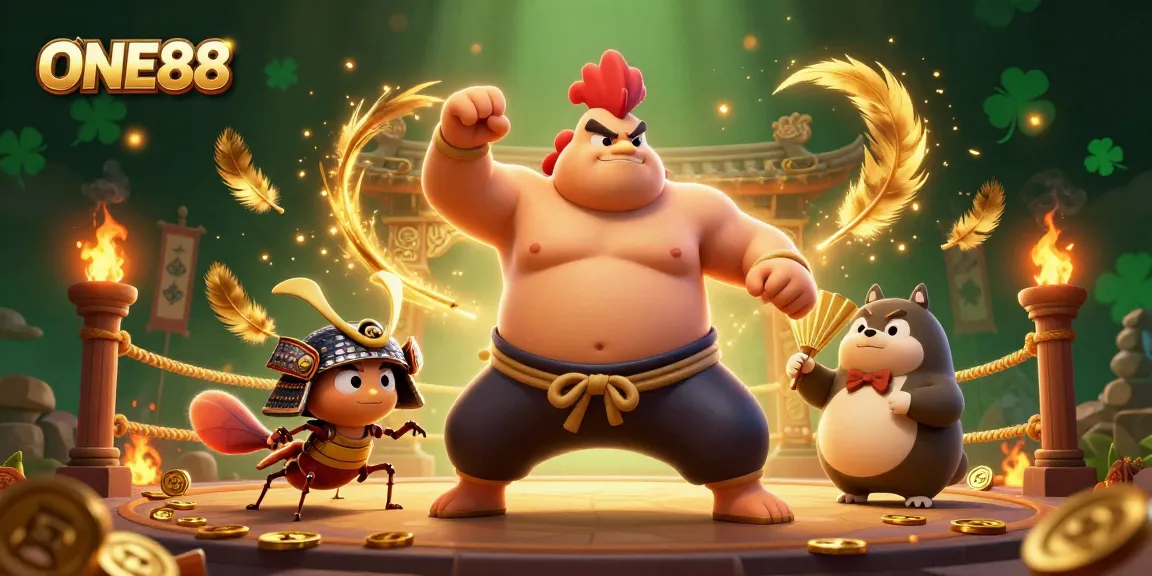 Experience the thrilling action of ONE88 with a dynamic scene featuring a powerful sumo wrestler rooster and fierce samurai cricket.