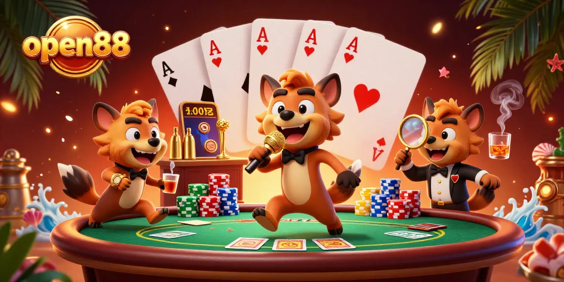 open88 hyenas creating a vibrant comedy casino club scene with poker excitement and colorful elements
