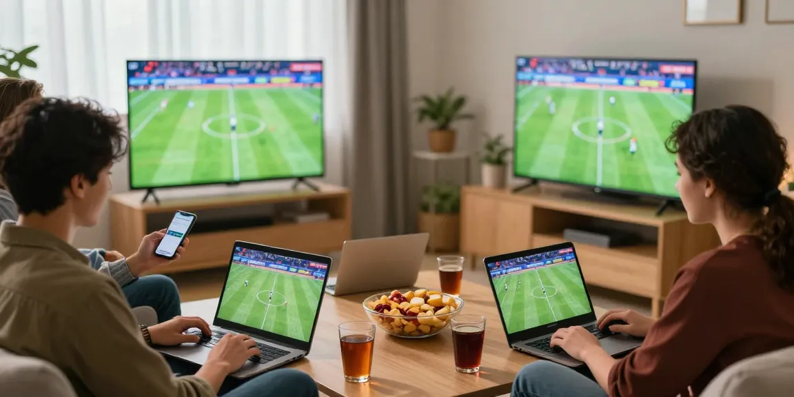 Voetbalweddenschappen met vrienden in een gezellige woonkamer, laptops en mobiele apparaten in gebruik