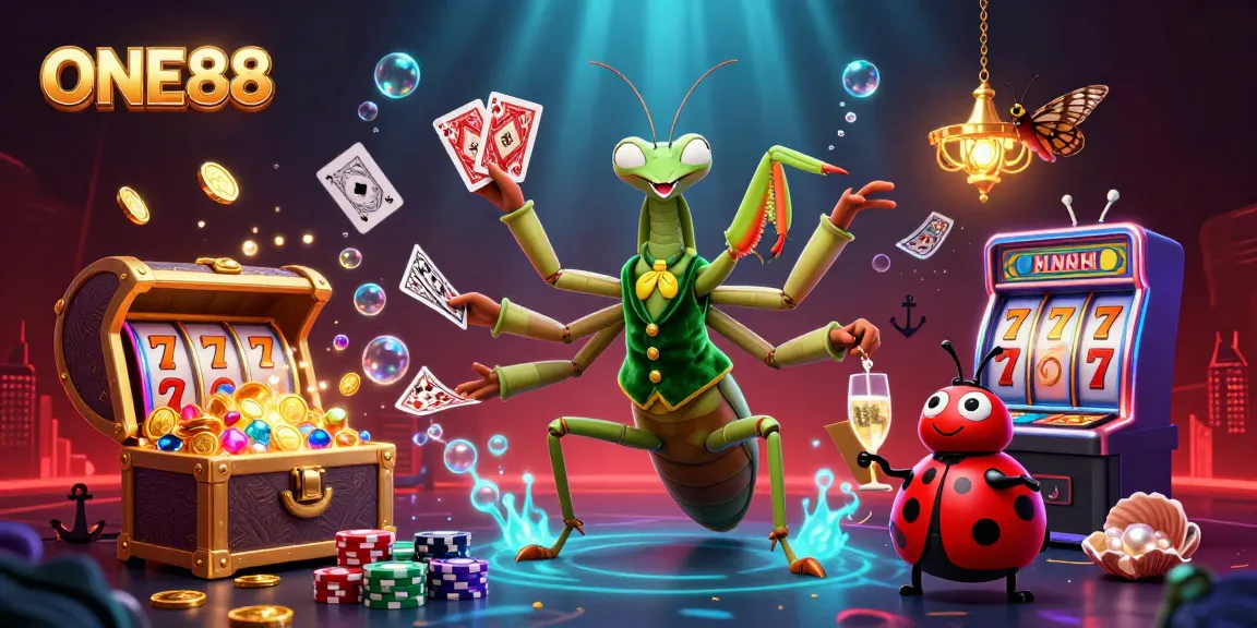Experience the thrill of ONE88 with a vibrant casino scene featuring a unique praying mantis card sharp.