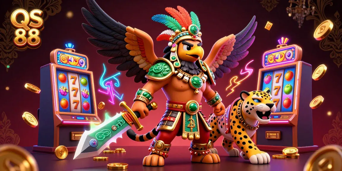Experience the thrill of QS 88 with a vibrant 3D illustration of casino warriors and slot games.