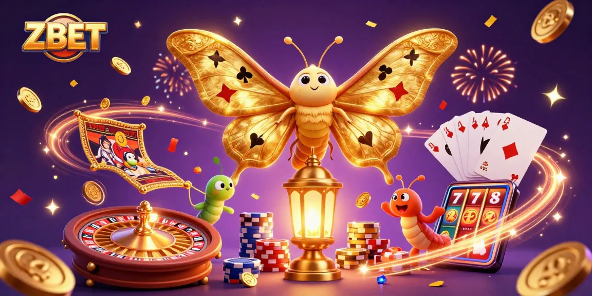 ZBET presents a vibrant casino scene with golden wings, coins, and festive elements celebrating wins.